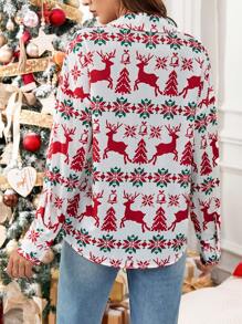 SHEIN LUNE Christmas Elements Print Women Long Sleeve Single-Breasted Casual Shirt - Multicolor - View 2