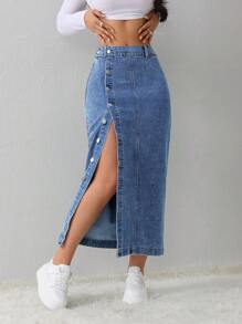 SHEIN Tall Women's Denim Skirt Casual Loose Side Slit Blue Midi Skirt Tall Women's Skirt Light Blue Skirt Blue Skirt Winter Women Clothes - Medium Wash - View 7