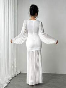 SHEIN Unity Women's Solid Color Mesh Splice Round Neck Simplistic Casual Long Dress - White - View 2