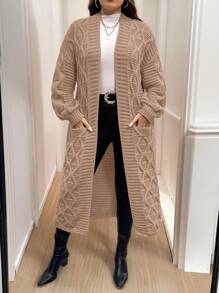 SHEIN Essnce 2pcs/Set Plus Size Women's Long Knitted Cardigan Sweater Set - Khaki - View 6