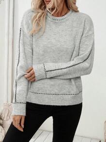 SHEIN LUNE 休闲宽松针织毛衣，撞色饰边，休闲落肩，秋冬 - 灰色 - 查看 5