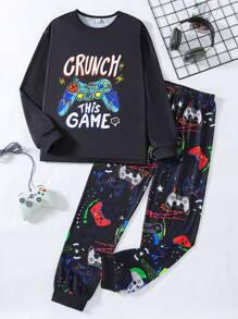 2 Stücke bequemer Pyjama-Set für Teenager Jungen - Schwarze Basis mit bunten fluoreszierenden Videospiel-Grafiken auf Langarmshirt und Hose, moderne Mode