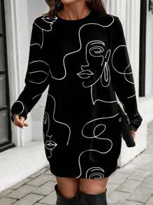 SHEIN LUNE Plus Size Women Graphic Print Long Sweatshirt Dress, Artistic Line Drawing Portrait Design, Suitable For Autumn/Winter
