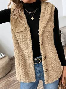 EMERY ROSE 1pc Women Apricot Textured Fringed Fuzzy Sleeveless Hooded Vest Jacket - Mocha Brown - View 5