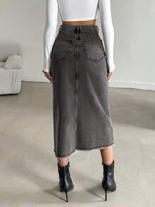 RueChic Váy denim rách thường ngày cho nữ có xẻ tà bên hông, mùa thu - Màu Xám nhạt - Xem 2