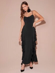 Enchnt Women's Black Dress, V Neck High Slit Ruffles, 3D Flowers, Sexy Elegant, Strapless Backless Long Dress, Christmas Dresses For Women, Party Dresses, Winter Women's Clothes,Fall Wedding Guest Dress