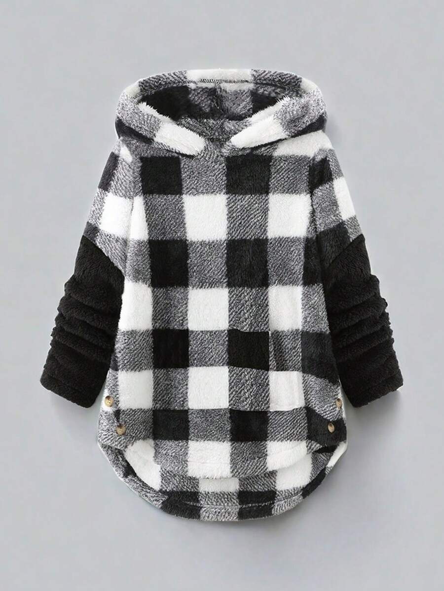 INAWLY Plaid Patchwork Faux Sherpa Women Casual Sweatshirt, Autumn/Winter