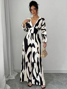 RosyDaze 女式褶皱不对称黑白印花连体裤，腰带高腰阔腿宽松休闲工作连体裤 - 黑與白 - 查看 7