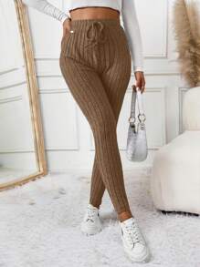 SHEIN Frenchy 纯色针织罗纹弹力腰部紧身黑色粒面面料女式紧身打底裤 - 摩卡棕 - 查看 3