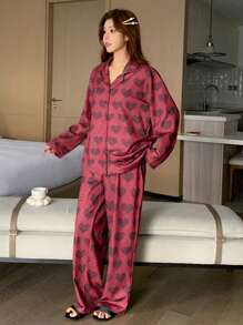 DAZY Heart Print Loose Pajama Set - Burgundy - View 1