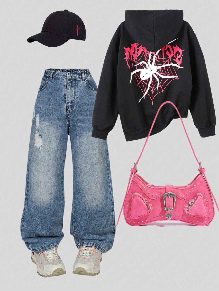 SHEIN Explorewe 2 件 Tween Girl 字母和蜘蛛印花长袖连帽衫和破洞裤,秋冬季休闲套装 - 黑色 - 查看 1