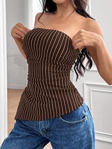 SHEIN EZwear ملابس علوية قصيرة نسائية متشابكة متناسقة ذات نمط شريطي لحافة غير متماثلة - بني - مشاهدة 3