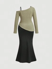 SHEIN MOD Set de 2 vestidos ceñidos de manga larga con cuello en V profundo y encaje, en talla grande - Multicolor - Ver 2