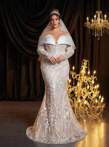 Glamrae 大码优雅奢华白色对比蕾丝细节透明长袖新娘礼服搭配经典法式蕾丝紧身胸衣和长拖尾 - 白色 - 查看 5