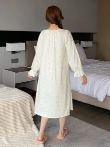 DAZY 小碎花荷叶边袖蕾丝边蝴蝶结装饰睡袍 - 杏色 - 查看 2