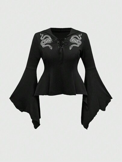 Goth Camiseta con capucha y manga asimétrica con estampado de serpiente oscura para tallas grandes