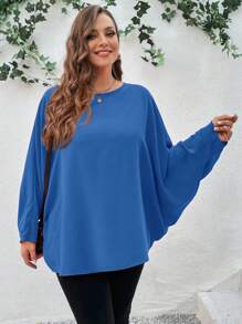 SHEIN LUNE 大码纯色圆领蝙蝠袖简约休闲上衣 - 寶藍色 - 查看 3