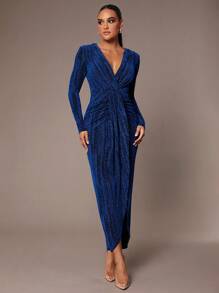 Silquee Robe élégante et magnifique pour femme à manches longues, convenant à l'automne et l'hiver. Coupe ajustée avec paillettes, encolure en V et épaulettes rembourrées. Design drapé, idéale pour Halloween, Thanksgiving, Noël et le Nouvel An