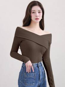 Wynsel Tee-shirt décontracté élégant à épaules dénudées pour femmes, couleur unie, marron café, manches longues pour automne/printemps - Marron - Voir 5