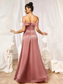 Silk Satin Bandeau Fish-Bone Pleated Front Ponytail Formal Dress Elegant Evening Wedding Guest Dress, For Graduation, Dinner - Dusty Pink - View 2
