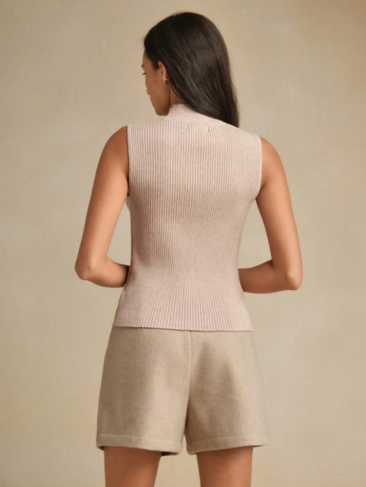 Women Rhinestone Accent Semi-Sheer Turtleneck Knit Tank Top
