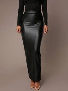 Silquee Váy midi dài thanh lịch bằng da PU trơn màu cho nữ, váy da đen mùa thu, váy da giả, váy dài ôm sát - màu đen - Xem 3