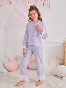 SHEIN 青少年女孩甜美简约领长袖衬衫和撞色荷叶边舒适休闲睡衣套装，2 件（单独出售） - 紫色 - 查看 4