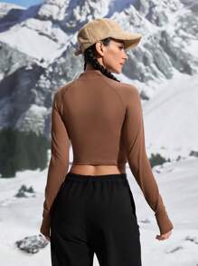 In My Nature 运动户外拉链长袖修身短款 T 恤 - 卡其色 - 查看 2