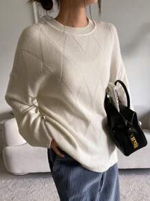 DAZY Women's Loose Fit Round Neck Solid Color Plaid Textured Sweater Fall - White - View 1