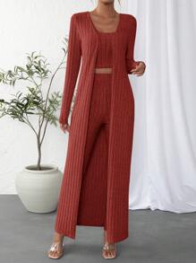 SHEIN Essnce 3pcs Women Solid Color Ribbed Shrug Cardigan, Crop Top And Leggings Knit Set For Autumn - Redwood - View 4