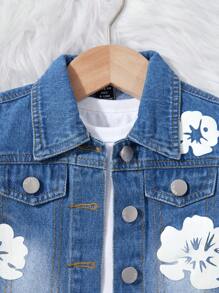 Bộ 2 món/Bộ đồ denim thời trang cho bé gái, áo khoác in họa tiết + quần denim thường ngày in họa tiết, phong cách đường phố họa tiết hoa thời thượng - Rửa trung bình - Xem 4