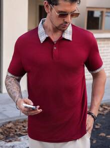 Manfinity VCAY Men's Slim Fit Rib Knit Contrast Plaid Patchwork Short Sleeve Polo Shirt