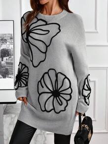 EMERY ROSE 1pc Women Embroidered Round Neck Long Sleeve Sweater Dress - Grey - View 4