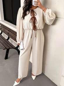 SHEIN Frenchy Plus Size Women's Apricot Color Waist Drawstring Jumpsuit With Contrast Color Bowknot Detail, Fashionable And Casual