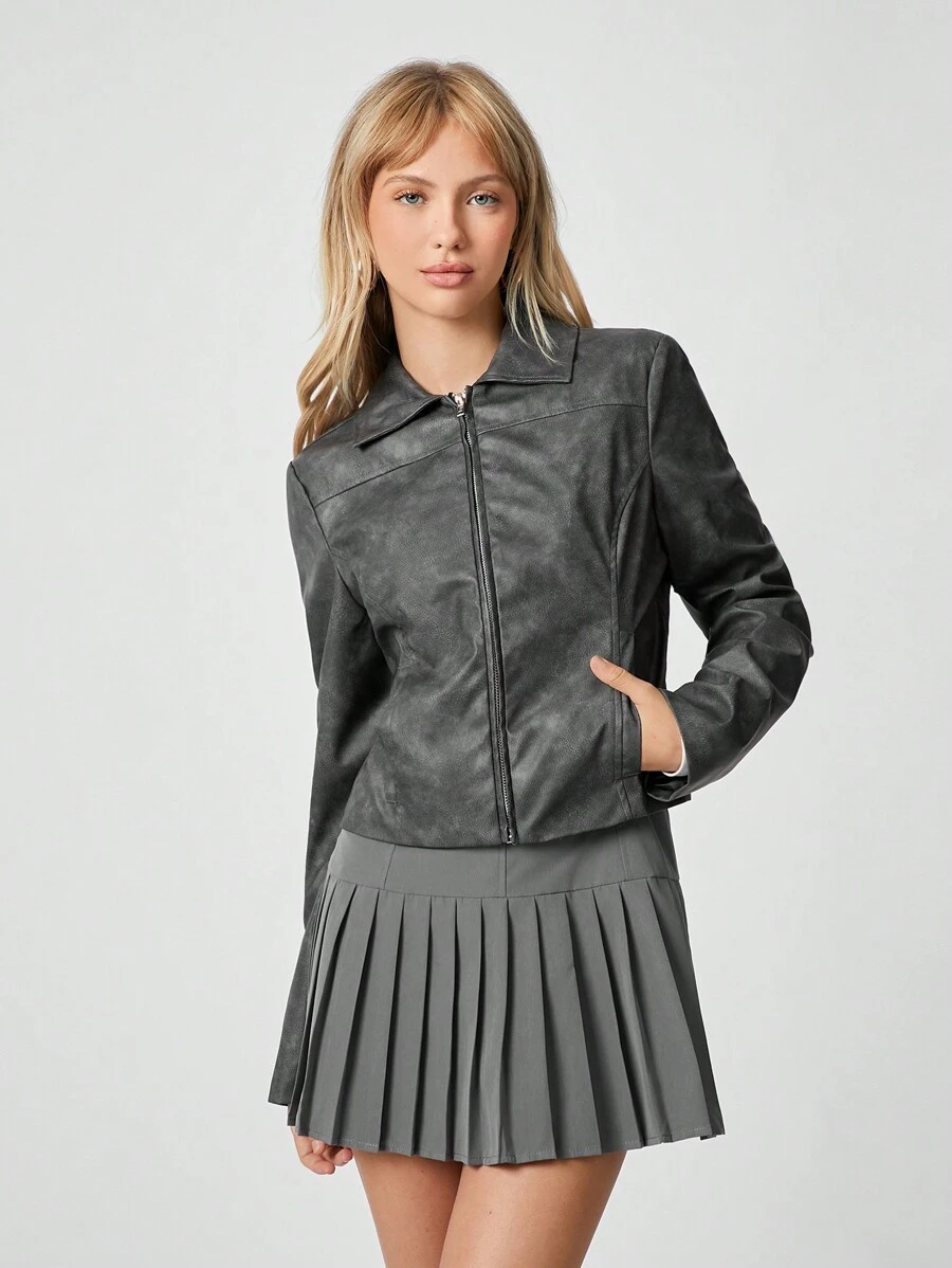 女士休闲街头风格拉链开合侧袋 PU 皮夹克 - 黑色 - 查看 1