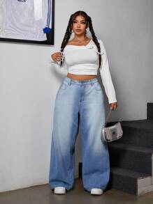 SHEIN ICON Plus Size Vintage Distressed Bowknot Denim Jeans - Medium Wash - View 2