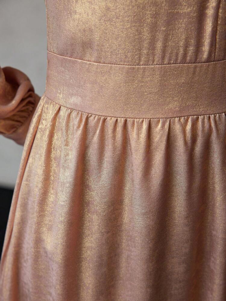 SOLID V-NECK LANTERN SLEEVE LONG DRESS WITHOUT BELT