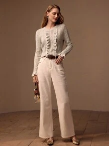 MOTF PREMIUM CONTRAST BINDING RUFFLE TRIM CABLE KNIT SWEATER