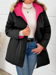 SHEIN LUNE Plus Size Fluffy Patchwork Hooded Long Sleeve Padded Padded Coat, Winter Clothes Fall Cloth For Women - Black - View 3