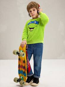 TEENAGE MUTANT NINJA TURTLES | SHEIN Young Boy Cartoon Turtle Graphic Embroidered Patch Fleece Crew Neck Sweatshirt, Fall/Winter - Green - View 10