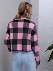 Chiquease Women's Plaid Drop Shoulder Long Sleeve Single-Breasted Cropped Casual Jacket, Autumn