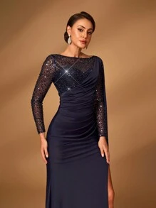 Serin Navy Blue Spring Elegant Evening Formal Dress,Luxury Beaded Sheer Mesh Long Sleeve Slit Fish Tail Gowns With Train For Bride/Mother Of Bride Wedding - Navy Blue - View 2