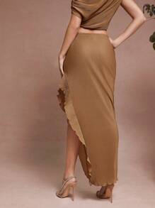 L'Amorae Women's Solid Color Elastic Waist Ruffle Hem Side Slit Maxi Skirt