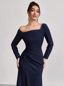Coutiva 1 pieza Vestido largo de fiesta con mangas largas, cuello asimétrico y fruncido, Vestido elegante para banquete, fiesta de Año Nuevo, evento social, invitado de boda, vestido formal, vestido de noche