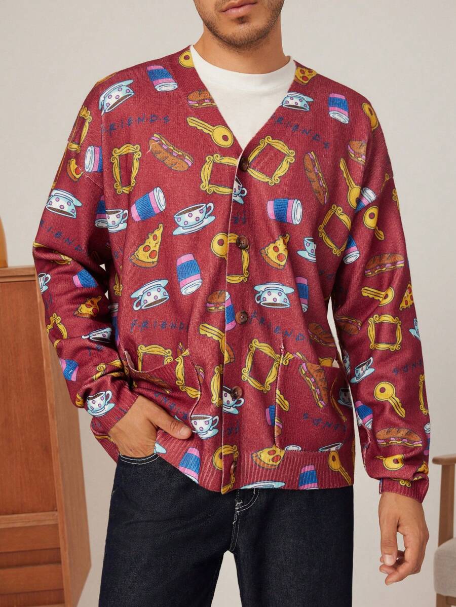 FRIENDS X SHEIN 男士休闲宽松针织披萨和咖啡图案前扣开衫，红色，圣诞节 - 酒紅色 - 查看 1