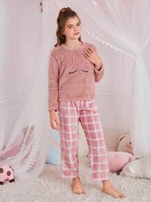 SHEIN Tween Girl Minimalist Cartoon Embroidered Crew Neck Fleece Pullover Top & Plaid Flannel Relaxed Pants 2pcs Pajama Set, Pink, Autumn/Winter