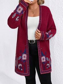 SHEIN LUNE Plus Size Retro Jacquard Red Long Sleeve Cardigan Sweater - Burgundy - View 1