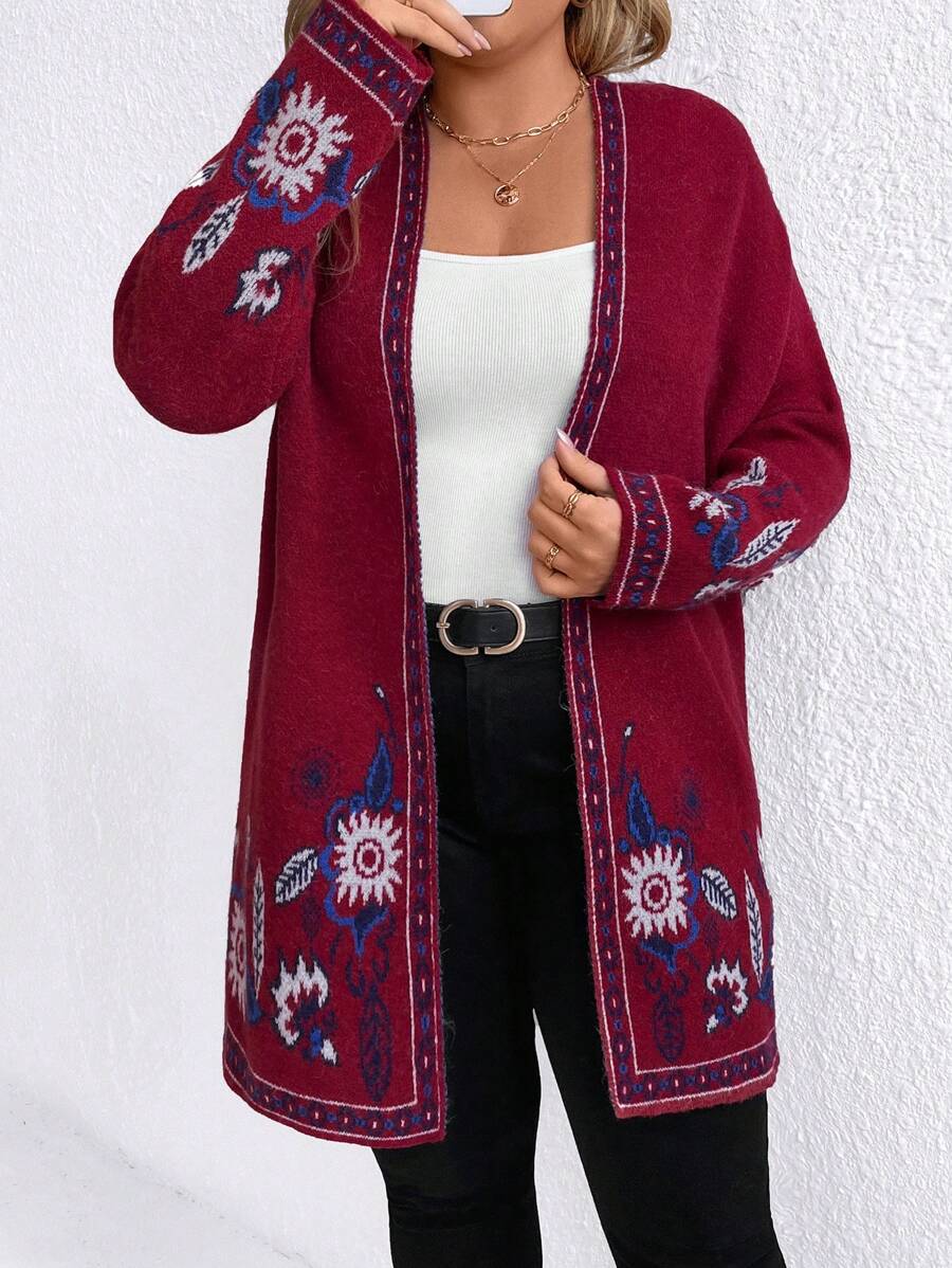 SHEIN LUNE Plus Size Retro Jacquard Red Long Sleeve Cardigan Sweater - Burgundy - View 1