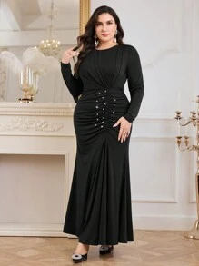 Modelyn Plus Size Solid Color Round Neck Long Sleeve Pleated Simple Short Casual Dress Long Evening Dresses