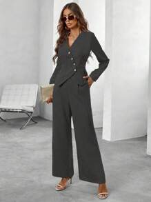 SHEIN Clasi Bộ đồ vest đơn giản thoải mái màu trơn tay dài và quần đơn hàng khuy đơn giản dành cho nữ, mùa thu - Màu xám đen - Xem 4